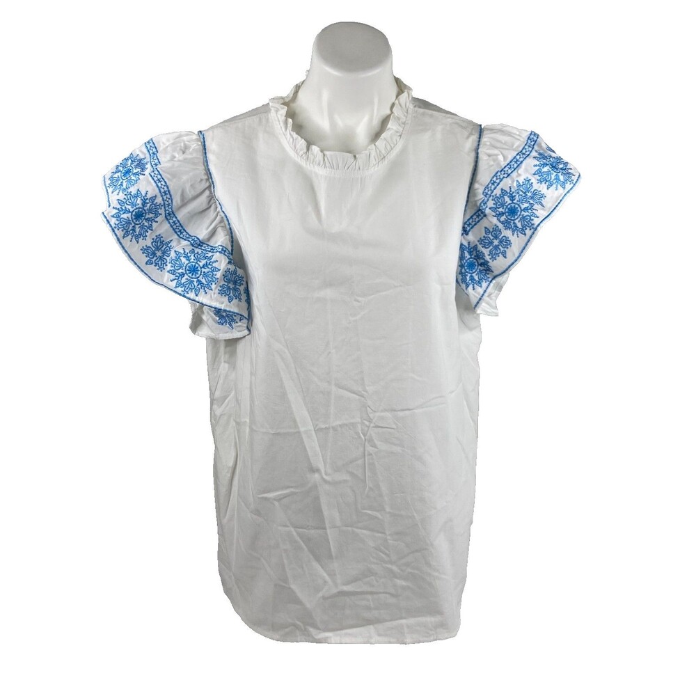 White Peasant Shirt Women 2X Blue Embroidery Bohemian Ruffle Sleeve NWT